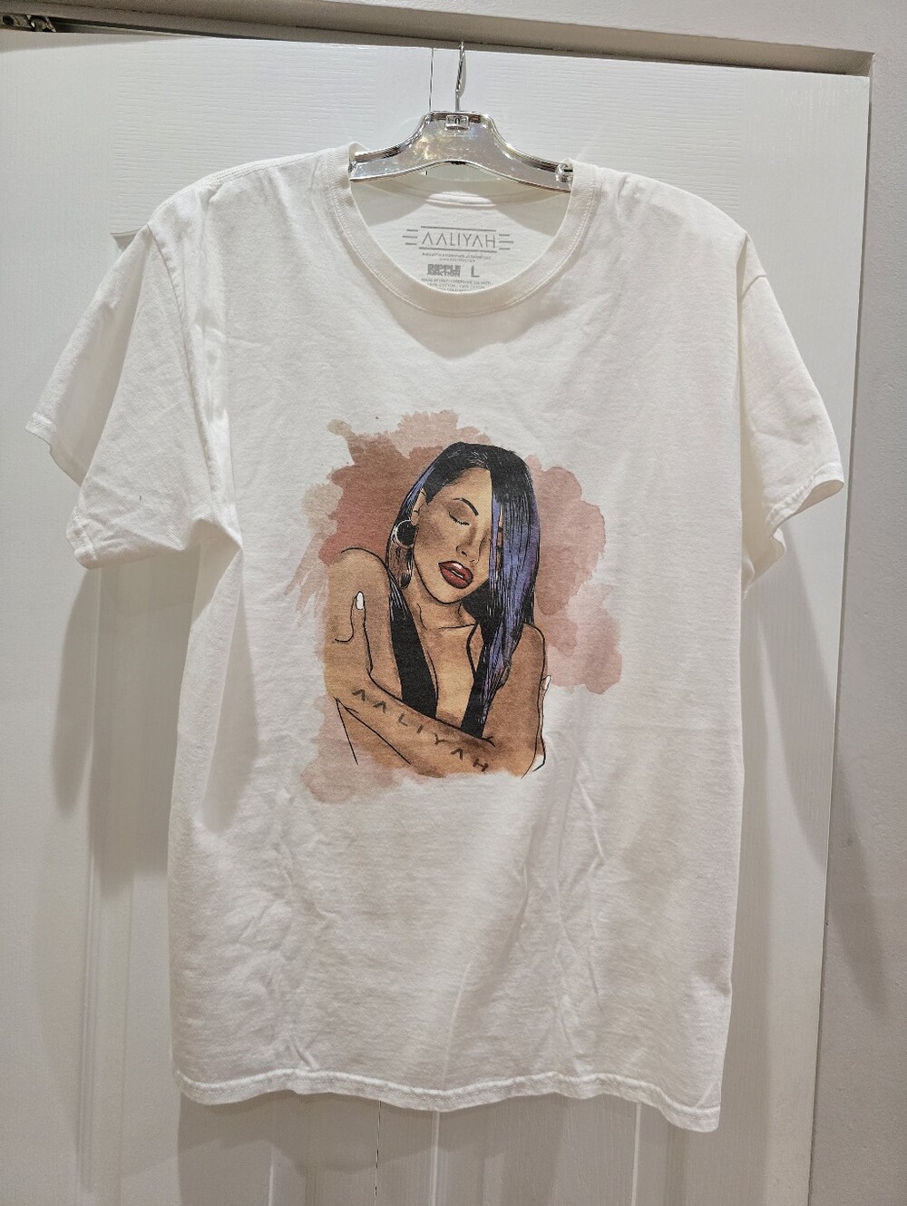 Aaliyah Mens Watercolor Portrait Graphic T-Shirt White Size Large